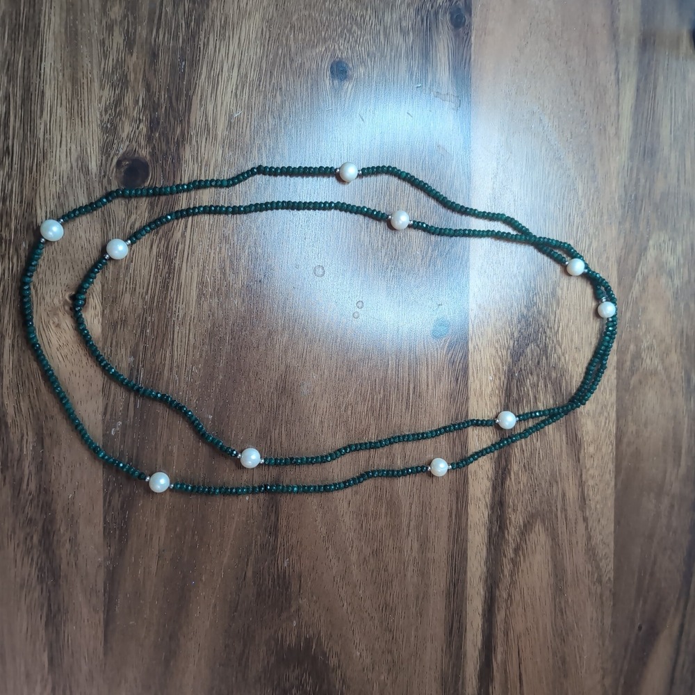 LUC 925 Sterling Silver Faceted Green Stone and Pearl Long Beaded Necklace